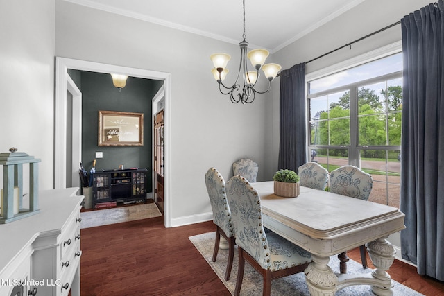 101 Marion Dr, Clinton, MS 39056 - dining area with a chandelier, ornamental molding, dark wood-style floors, and baseboards
