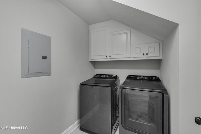 101 Marion Dr, Clinton, MS 39056 - laundry room featuring electric panel, washing machine and dryer, cabinet space, and baseboards