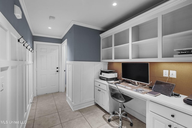 101 Marion Dr, Clinton, MS 39056 - office area featuring ornamental molding, built in study area, light tile patterned floors, and recessed lighting