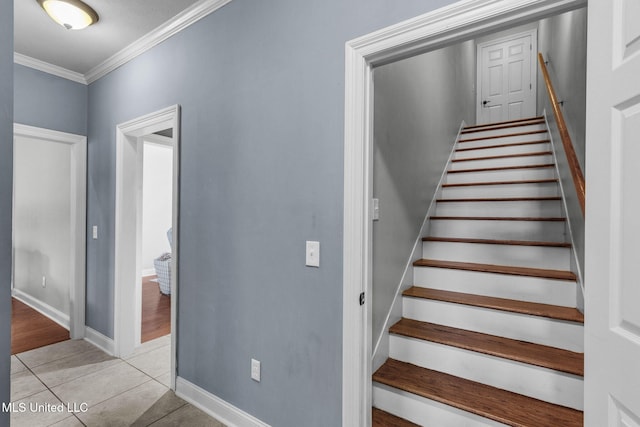 101 Marion Dr, Clinton, MS 39056 - stairs with ornamental molding, tile patterned floors, and baseboards