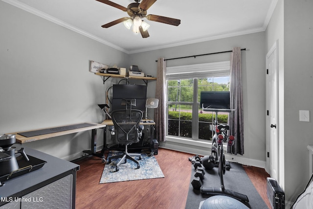 101 Marion Dr, Clinton, MS 39056 - office area featuring a ceiling fan, wood finished floors, ornamental molding, and baseboards