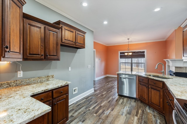 kitchen with pendant lighting, dishwasher, dark hardwood / wood-style flooring, sink, and light stone countertops