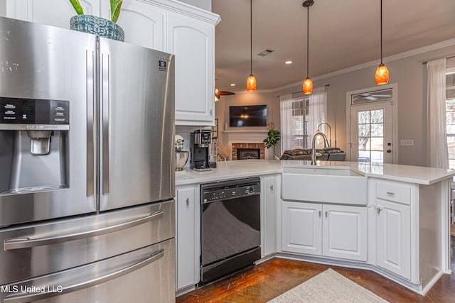 kitchen with white cabinetry, black dishwasher, sink, and stainless steel fridge with ice dispenser