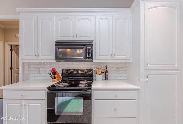 kitchen featuring white cabinetry, ornamental molding, backsplash, and black appliances