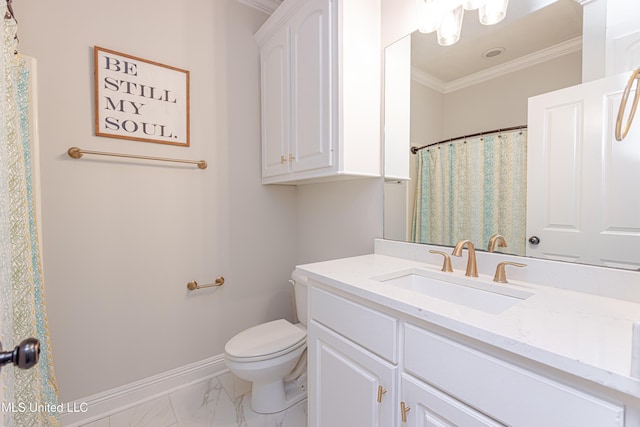 bathroom featuring vanity, crown molding, curtained shower, and toilet