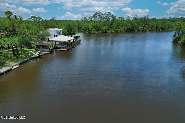 6085 Shawnee St, Kiln, MS 39556 - water view with boat lift, a dock, and a heavily wooded area