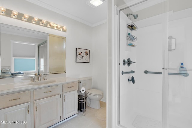 6085 Shawnee St, Kiln, MS 39556 - full bathroom with a shower stall, vanity, crown molding, toilet, and tile patterned flooring