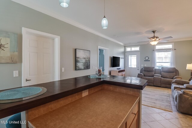 1515 E Beach Blvd Unit 105, Pass Christian, MS 39571 - kitchen with light brown cabinetry, ornamental molding, white appliances, ceiling fan, and a sink