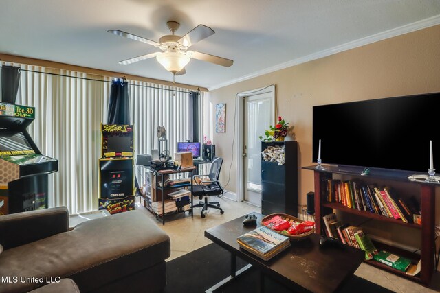 2046 Beach Blvd Unit 321, Biloxi, MS 39531 - office with tile patterned flooring, baseboards, ornamental molding, and ceiling fan