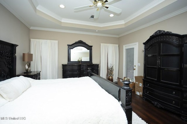4 Mitchell Cv, Carriere, MS 39426 - bedroom with dark wood-type flooring, a tray ceiling, crown molding, a ceiling fan, and recessed lighting