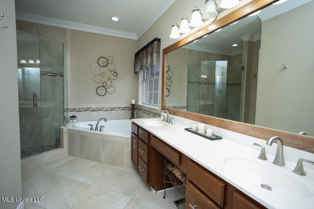 4 Mitchell Cv, Carriere, MS 39426 - full bathroom with crown molding, a garden tub, a shower stall, double vanity, and tile patterned floors