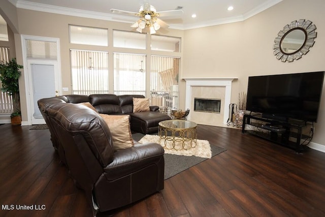 4 Mitchell Cv, Carriere, MS 39426 - living room featuring a ceiling fan, wood finished floors, crown molding, recessed lighting, and a premium fireplace