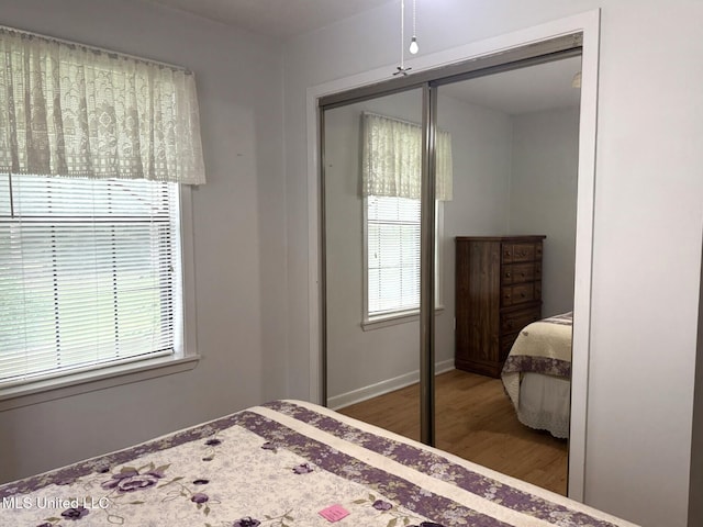 25 Cloverdale Rd, Natchez, MS 39120 - bedroom featuring a closet, wood finished floors, multiple windows, and baseboards