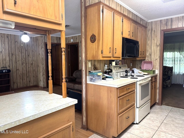 25 Cloverdale Rd, Natchez, MS 39120 - kitchen featuring black microwave, white range with electric cooktop, a textured ceiling, wood walls, and ornamental molding
