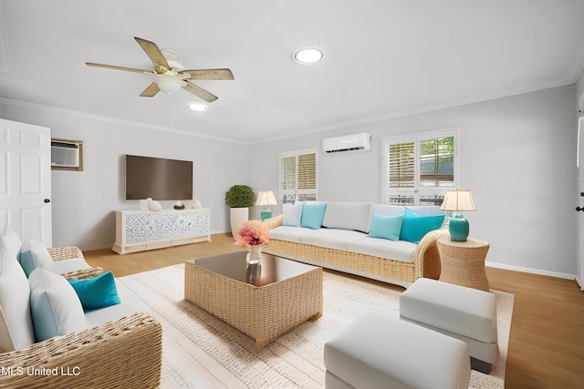 429 Linda Dr, Biloxi, MS 39531 - living area featuring an AC wall unit, wood finished floors, recessed lighting, ornamental molding, and a wall mounted AC