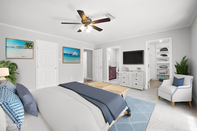 429 Linda Dr, Biloxi, MS 39531 - bedroom with crown molding, a ceiling fan, and ensuite bathroom