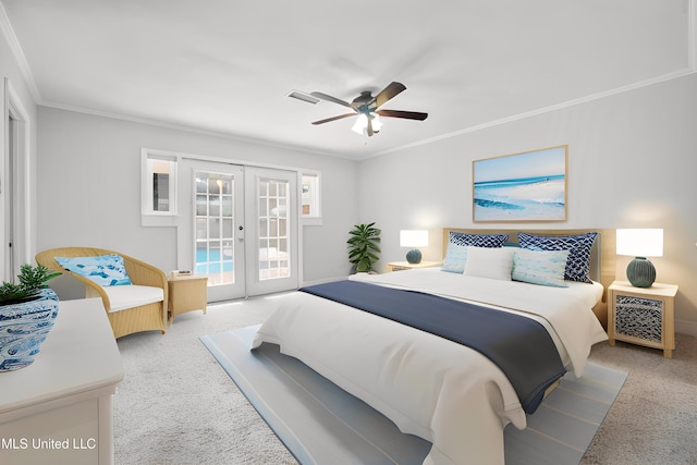 429 Linda Dr, Biloxi, MS 39531 - carpeted bedroom featuring french doors, access to exterior, crown molding, and ceiling fan