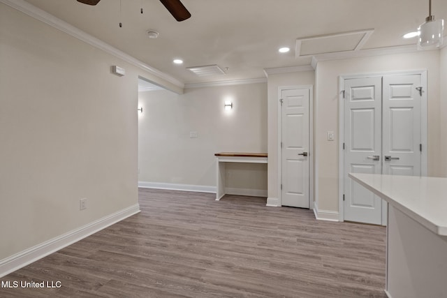 416 Westbury Glen Ln, Gulfport, MS 39507 - below grade area featuring wood finished floors, ornamental molding, a ceiling fan, recessed lighting, and baseboards