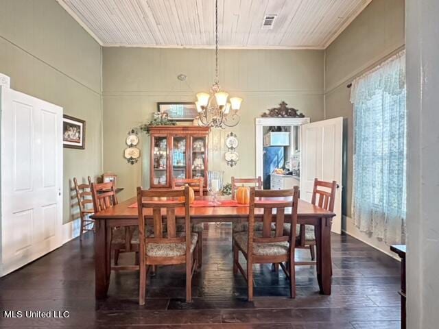 dining area featuring dark wood-type flooring, crown molding, wooden ceiling, and a wealth of natural light