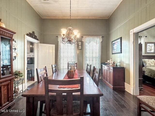 dining area with dark hardwood / wood-style flooring, wooden ceiling, ornamental molding, wood walls, and a notable chandelier