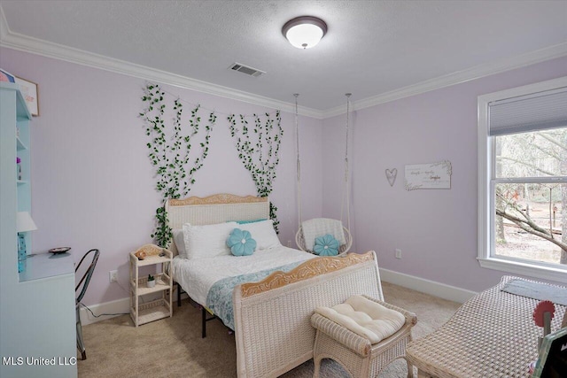 carpeted bedroom with crown molding and multiple windows