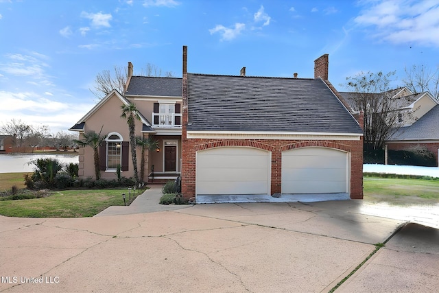 view of front of property with brick siding, a front lawn, concrete driveway, and a garage