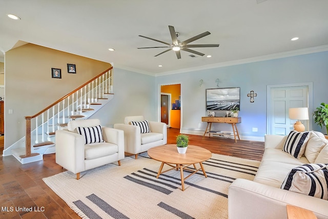 living area featuring crown molding, baseboards, stairway, recessed lighting, and wood finished floors