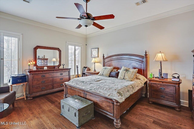 bedroom featuring ceiling fan, visible vents, dark wood-style floors, and ornamental molding