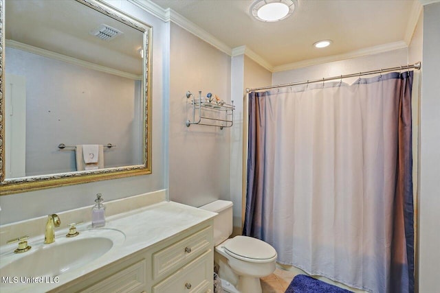 full bathroom featuring toilet, ornamental molding, and vanity