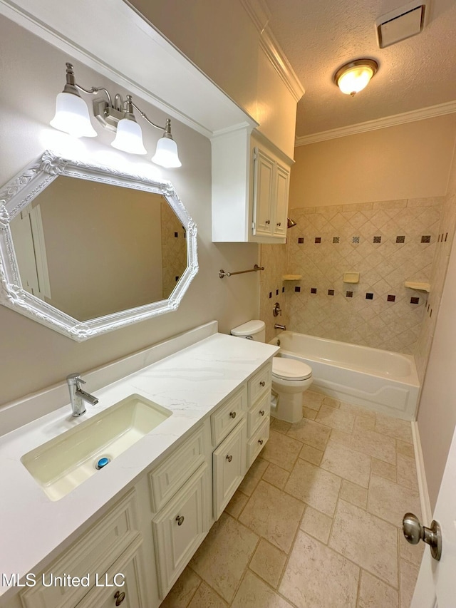 full bathroom featuring visible vents, ornamental molding, toilet, a textured ceiling, and vanity