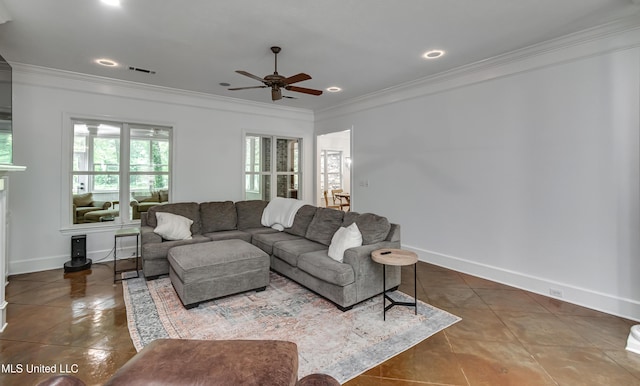 1025 Monet Cv, Brandon, MS 39047 - tiled living area with crown molding, ceiling fan, baseboards, and recessed lighting
