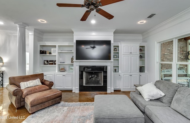 1025 Monet Cv, Brandon, MS 39047 - living room with a ceiling fan, ornamental molding, a fireplace, and recessed lighting