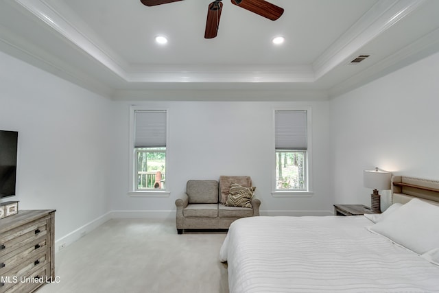1025 Monet Cv, Brandon, MS 39047 - bedroom with a raised ceiling, crown molding, multiple windows, light colored carpet, and recessed lighting
