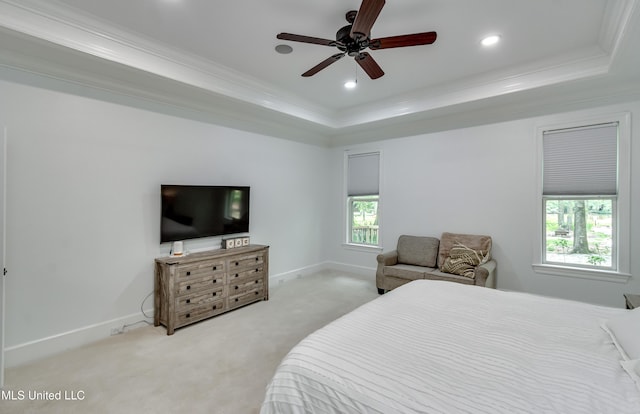 1025 Monet Cv, Brandon, MS 39047 - carpeted bedroom featuring a tray ceiling, baseboards, crown molding, recessed lighting, and a ceiling fan
