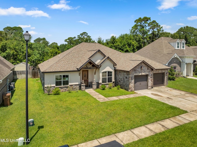 709 Champagne Dr, Biloxi, MS 39532 - view of front of property featuring stone siding, driveway, stucco siding, an attached garage, and a shingled roof