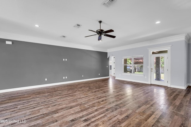 709 Champagne Dr, Biloxi, MS 39532 - unfurnished living room with a ceiling fan, wood finished floors, crown molding, and recessed lighting