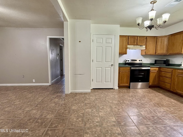 108 Mount Bass, Long Beach, MS 39560 - kitchen featuring stainless steel electric stove, black microwave, under cabinet range hood, and brown cabinetry