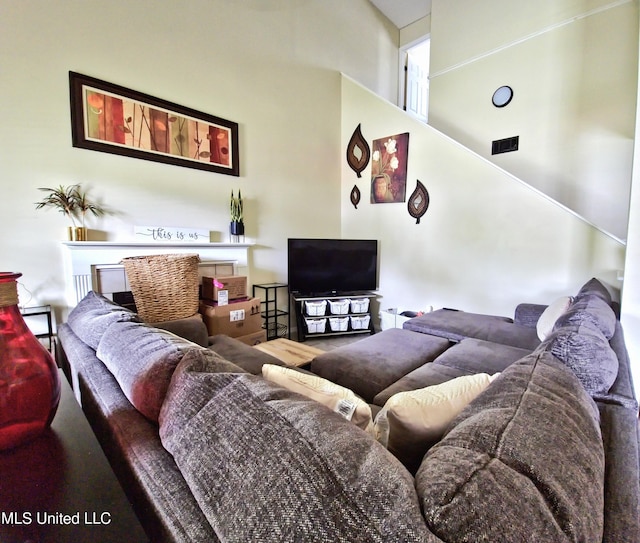 living area with a towering ceiling