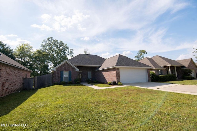 ranch-style house featuring brick siding, fence, driveway, and a front lawn