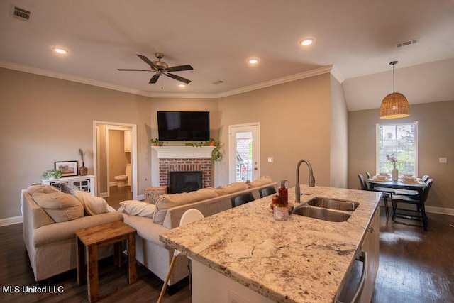 kitchen with a sink, baseboards, dark wood finished floors, and visible vents
