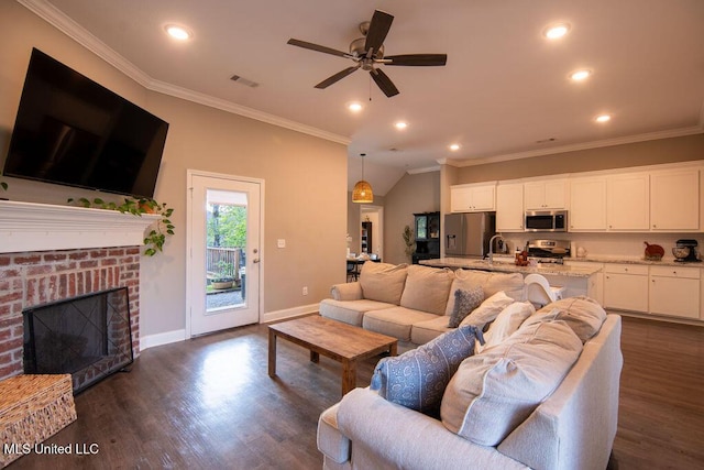 living room with visible vents, a ceiling fan, baseboards, and dark wood-type flooring