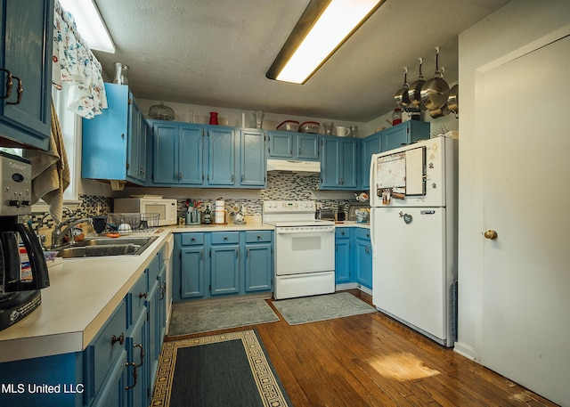 103 Hidden Lake Rd, Flora, MS 39071 - kitchen with white appliances, under cabinet range hood, blue cabinetry, a sink, and dark wood-style flooring
