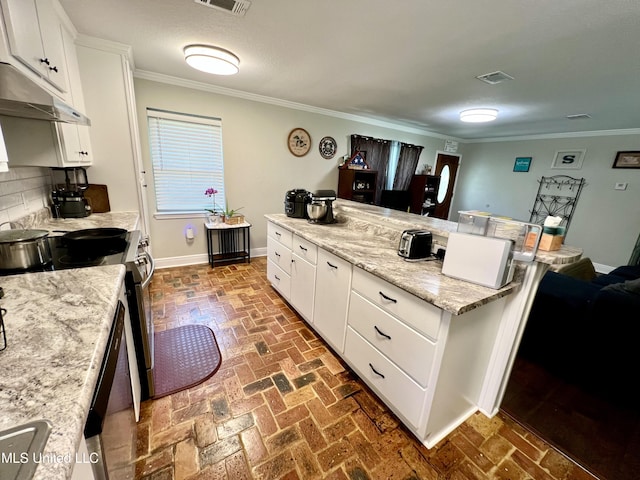 kitchen featuring under cabinet range hood, appliances with stainless steel finishes, brick floors, ornamental molding, and white cabinetry