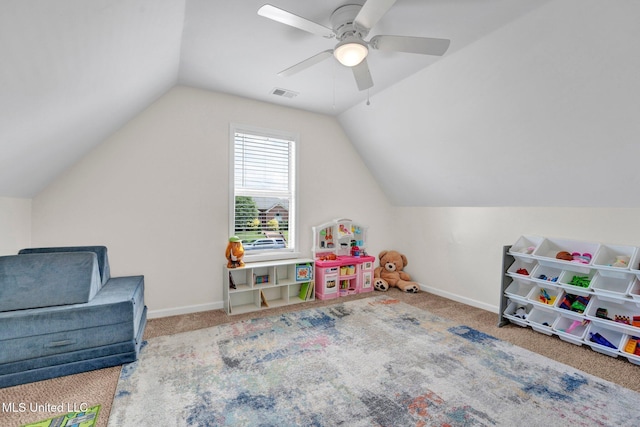 6177 W Sandbourne, Olive Branch, MS 38654 - game room with a ceiling fan, visible vents, vaulted ceiling, baseboards, and carpet flooring