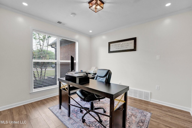 6177 W Sandbourne, Olive Branch, MS 38654 - office area with visible vents, ornamental molding, and light wood finished floors