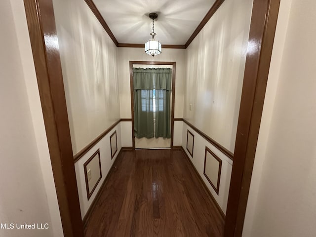 hall with crown molding and dark wood-type flooring