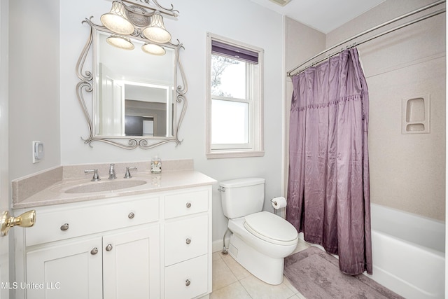 full bath featuring toilet, tile patterned floors, shower / bath combination with curtain, and vanity