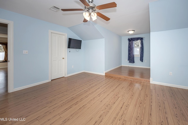 bonus room featuring visible vents, a healthy amount of sunlight, ceiling fan, wood finished floors, and baseboards