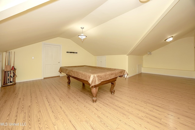 recreation room with pool table, vaulted ceiling, light wood-style flooring, and baseboards