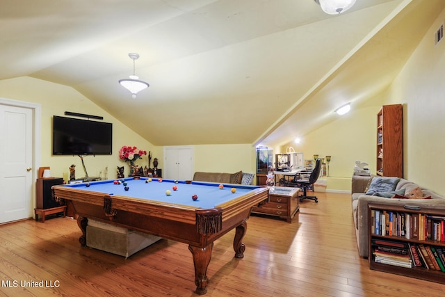 recreation room with lofted ceiling, hardwood / wood-style floors, billiards, and visible vents